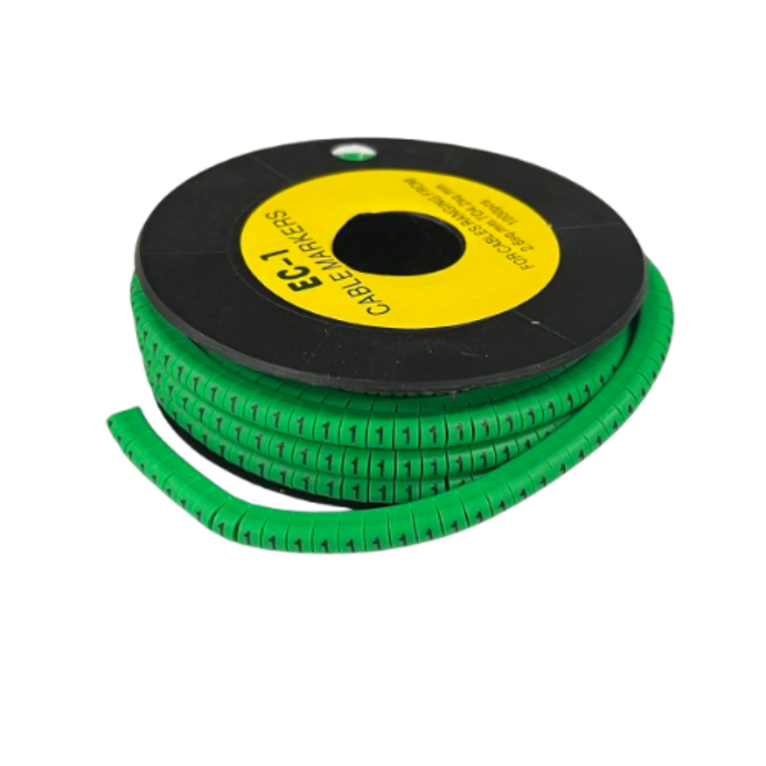 Grippes Cable Marker 1 Green reel of segmented flexible cable markers with repeating numeric 1 labels for wiring
