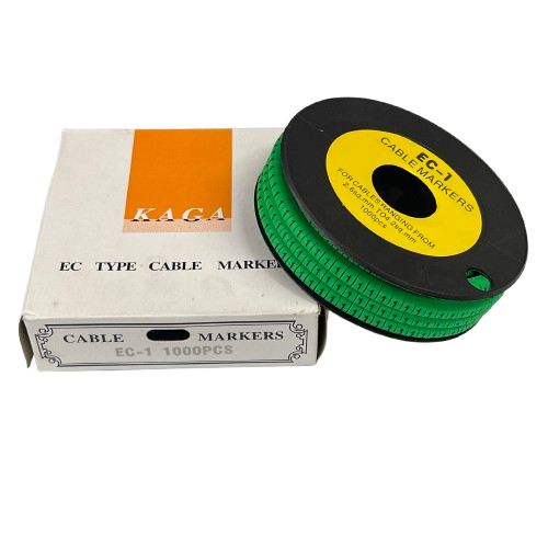 Grippes Cable Marker 1 Green spool of numbered cable markers on black reel with white box packaging