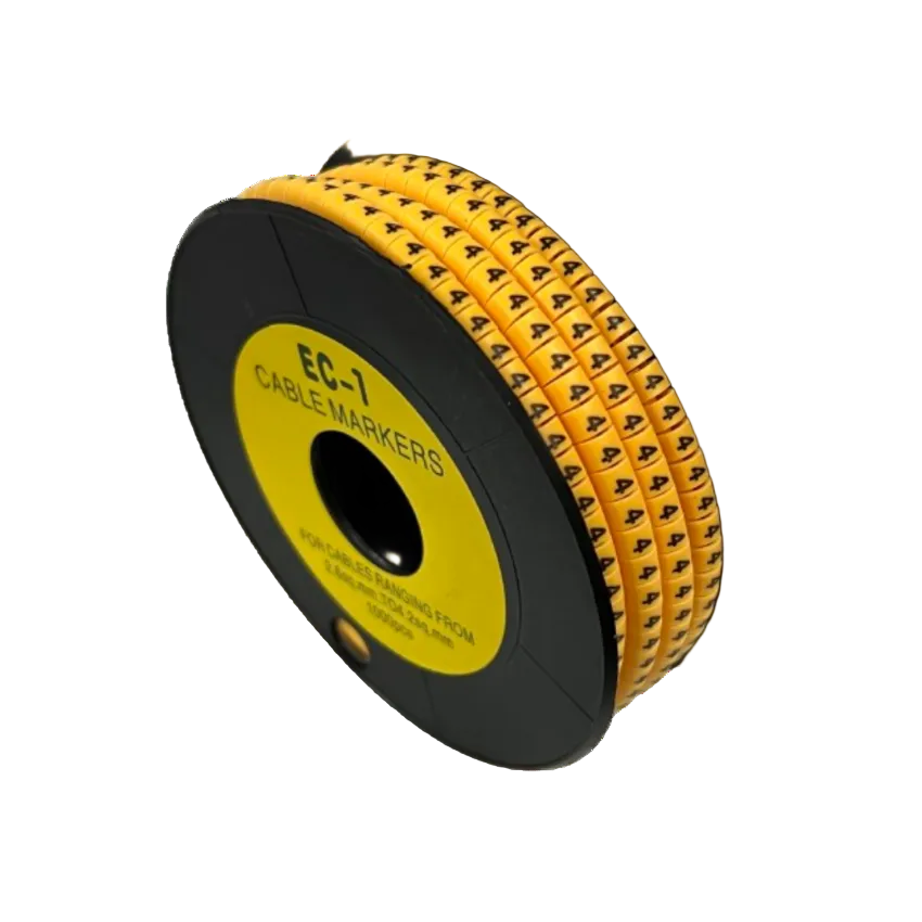 Spool of printed Cable Marker 4 Yellow bands showing number 4 for cable identification