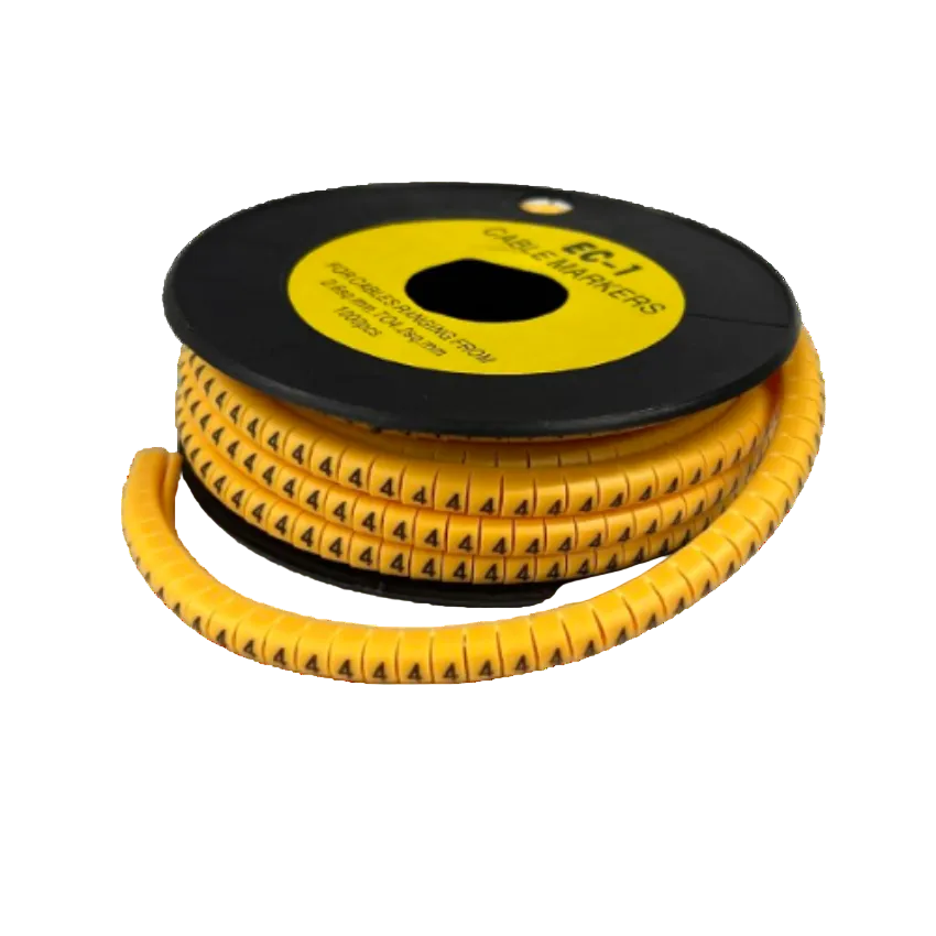 Spool of spiral cable wrap with repeated number 4 on each segment Cable Marker 4 Yellow for wire identification