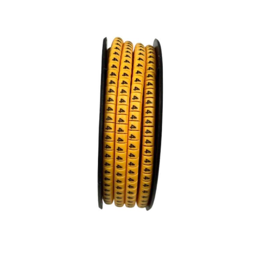 Spool of yellow cable number markers showing repeated black 4 labels for wire organization Cable Marker 4 Yellow