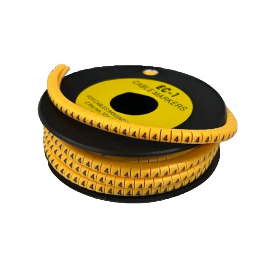 Spool of yellow Cable Marker 4 Yellow wraparound labels with printed 4s for cable identification and organization