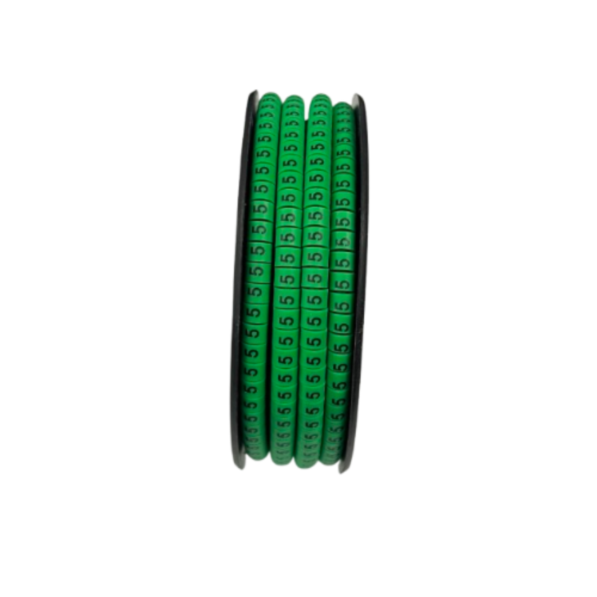 Grippes Cable Marker 5 Green spool showing multiple green numeric 5 cable markers for labeling
