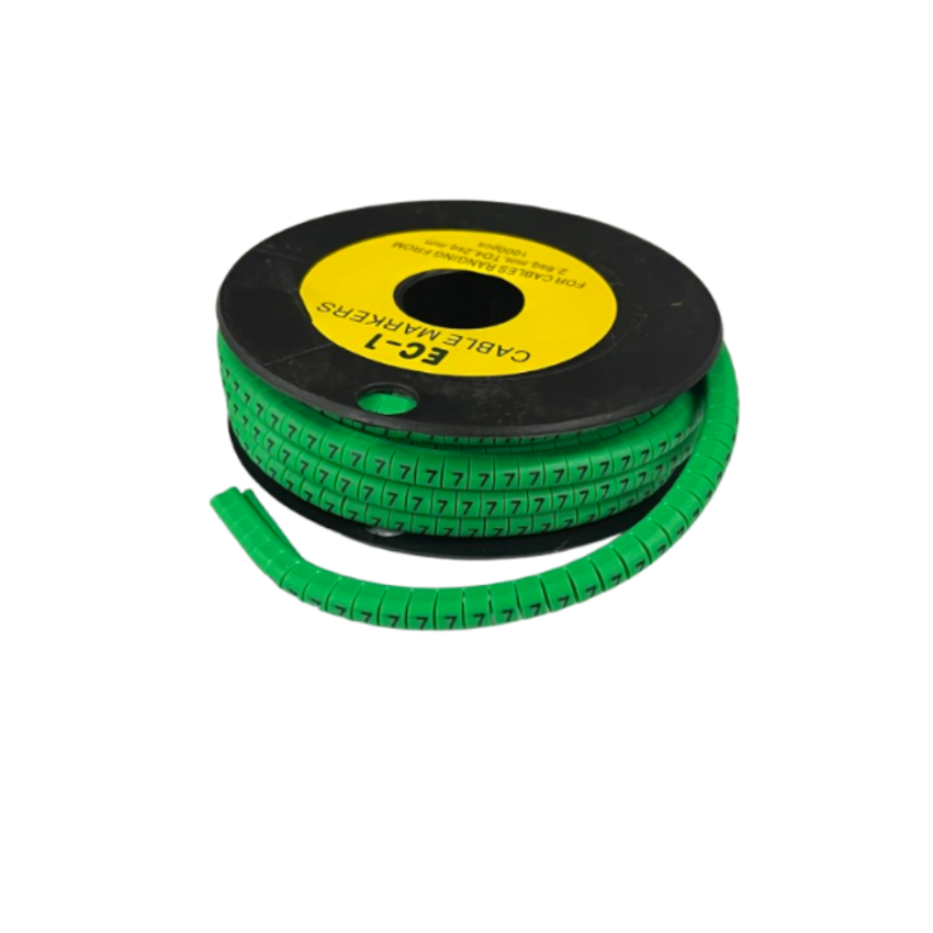 Grippes Cable Marker 7 Green spiral ID tape on black spool with repeating 7 digits for cable management