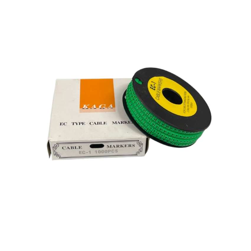 Grippes Cable Marker 7 Green spool of EC type cable markers on black reel next to box