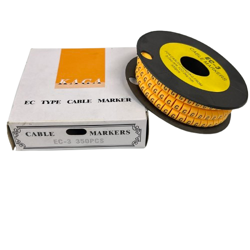 Grippes Cable Marker G - Yellow spool of G letter cable markers next to white labeled box packaging