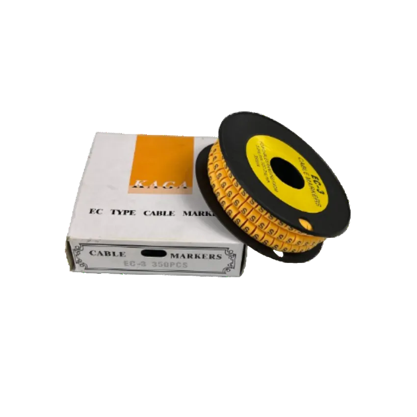 Grippes Cable Marker S - Yellow spool with S labels on reel next to box for cable management