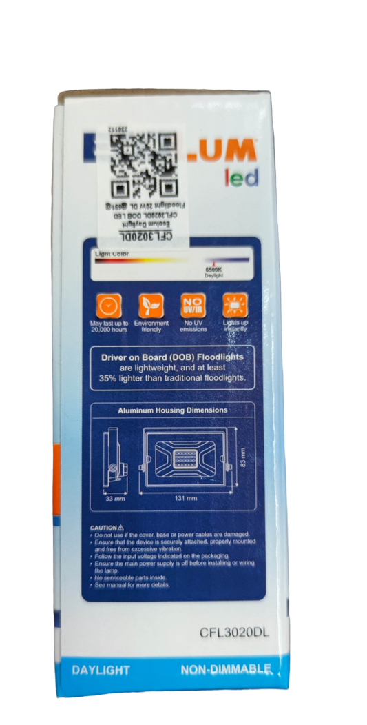 Ecolum 20W LED Flood Light 220V Daylight product packaging box with specs diagram and daylight icon