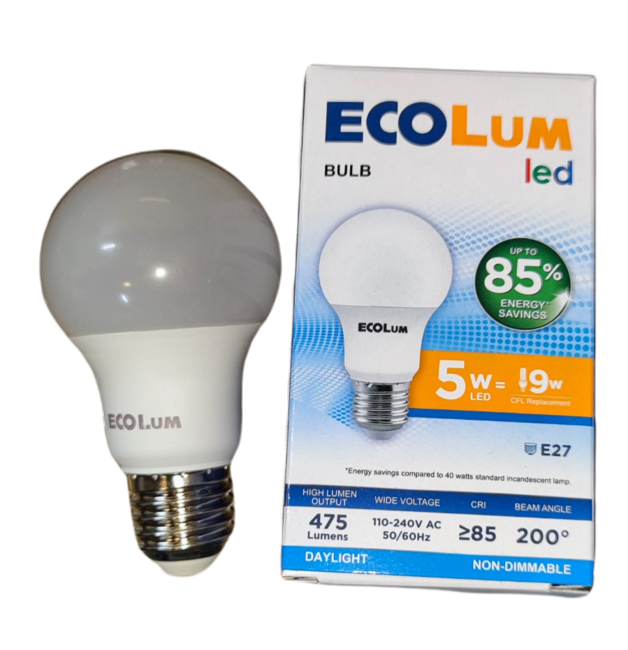 Ecolum 5W LED bulb E27 daylight with energy saving and 475 lumens output shown with packaging