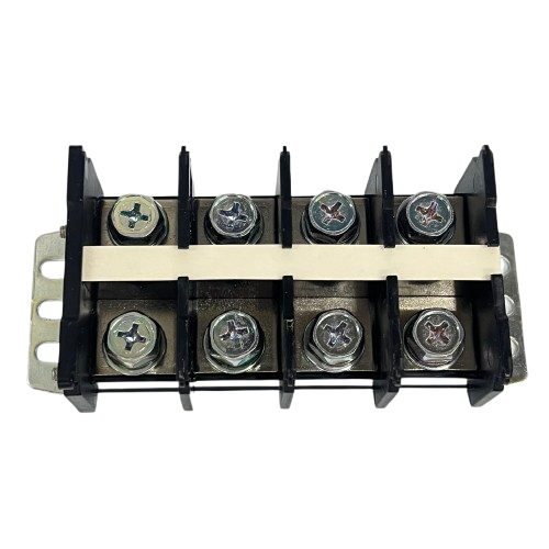 Auspicious 100A Terminal Block with Cover 4 Pairs. Black plastic housing with metal screws and mounting bracket