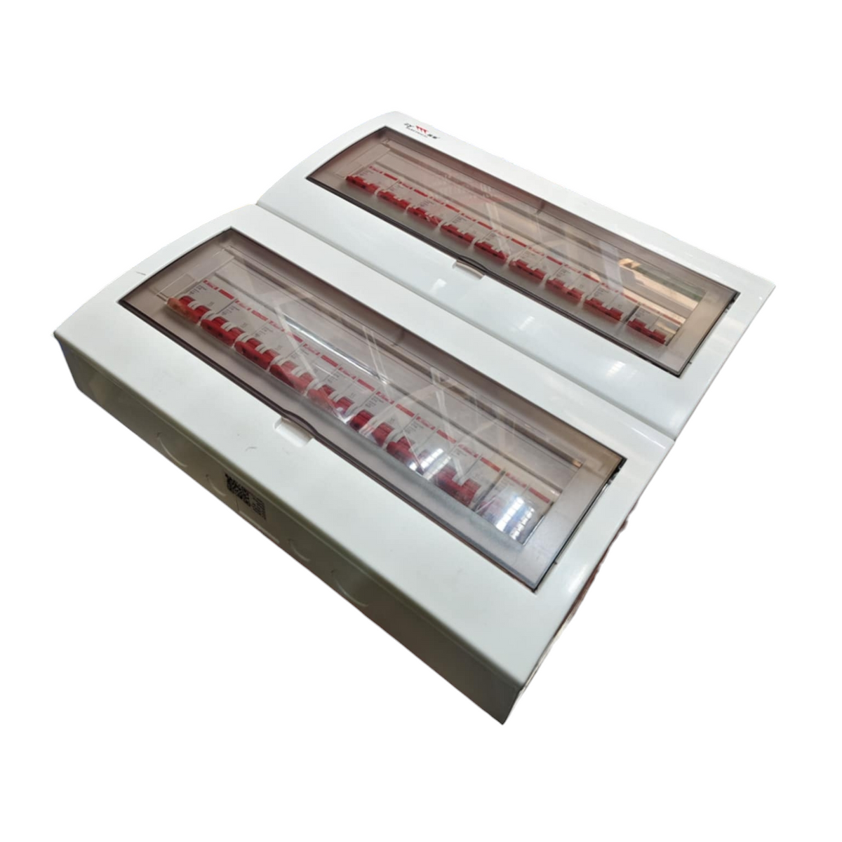 White dual distribution box with transparent covers and red breakers Koten and Himel and ZY 63A 2 pole panel board