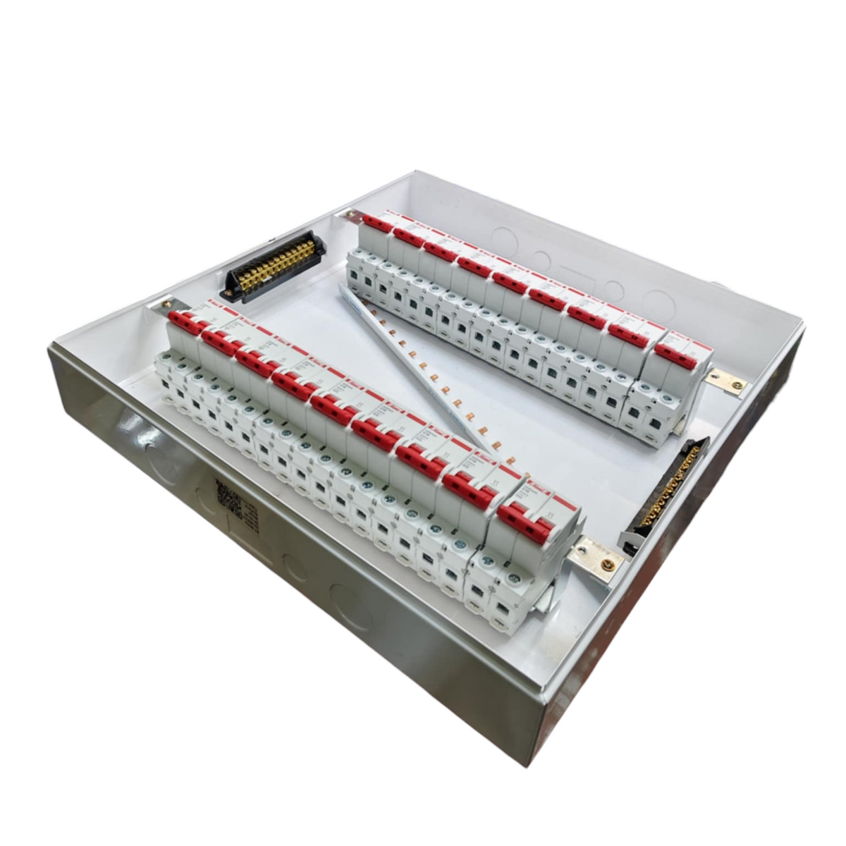Koten Himel ZY 63A 2 pole panel board with dual rows of red toggle breakers in metal enclosure