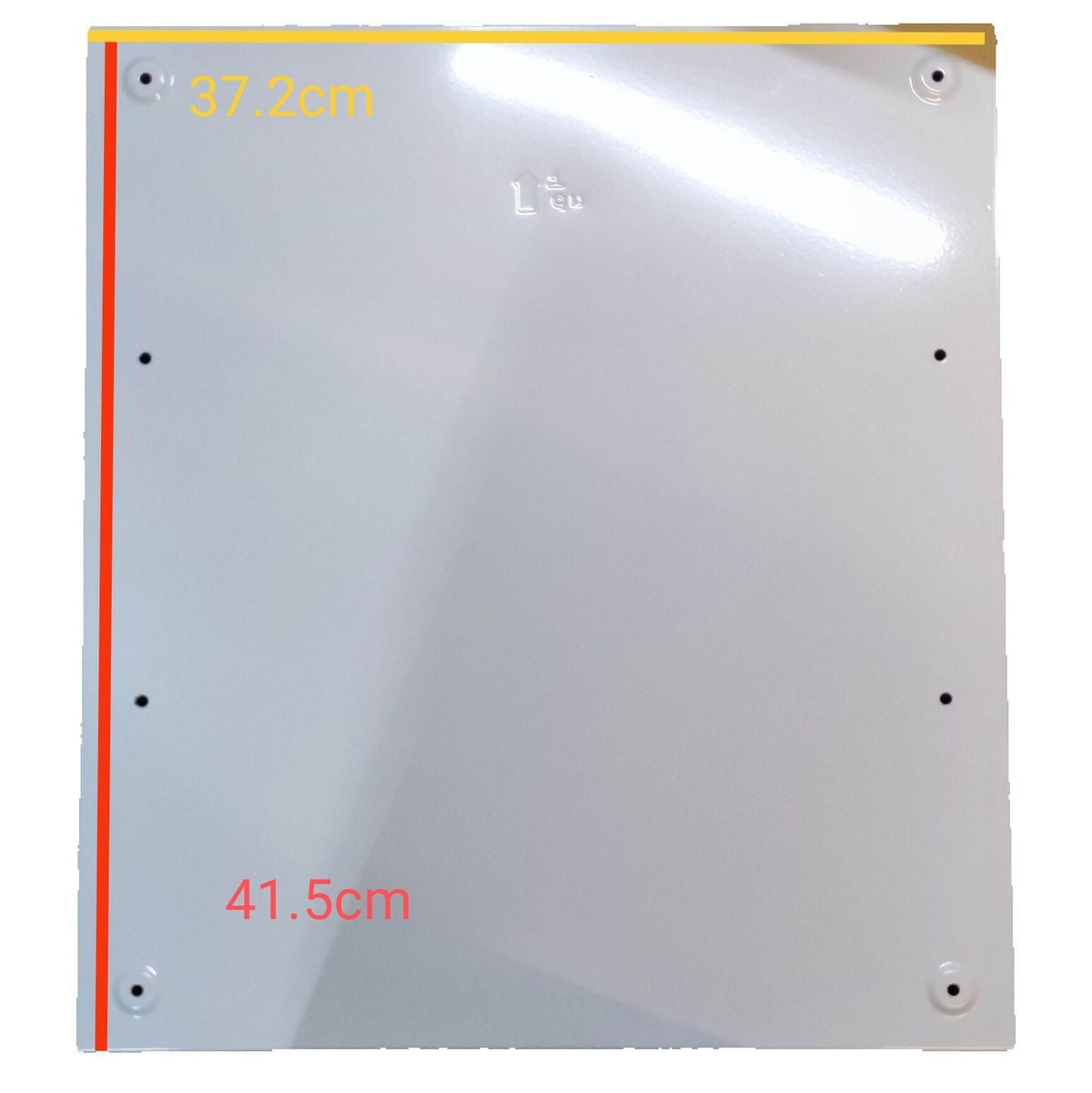 White metal cover for 63A 2 pole panel board by Koten Himel ZY showing 37.2 cm by 41.5 cm dimensions and mounting holes