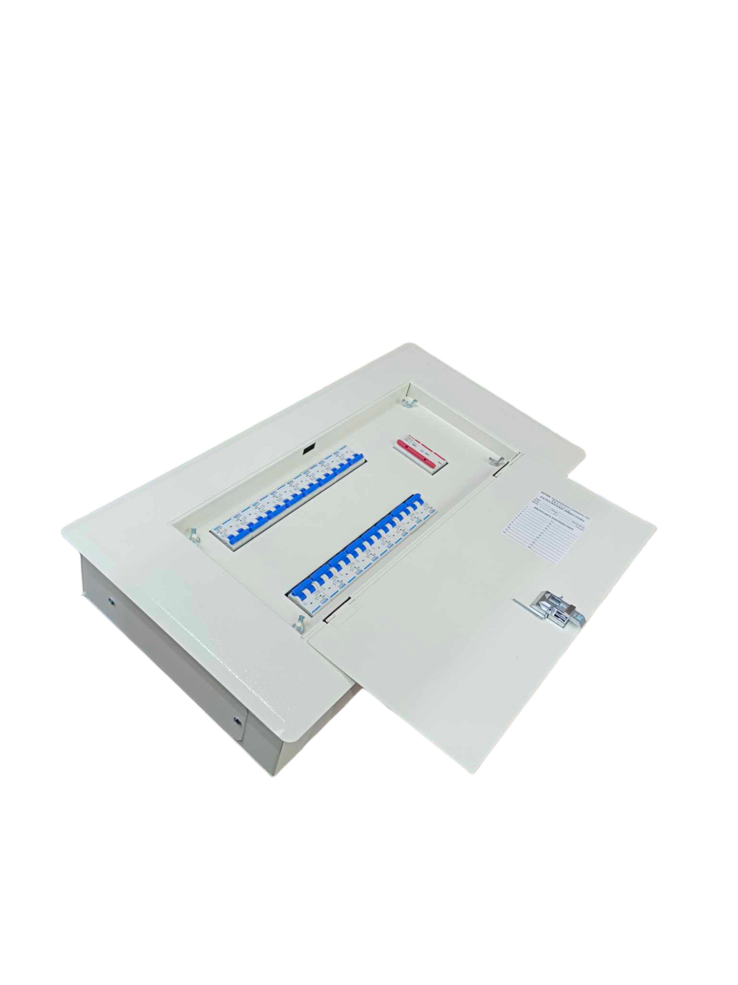 White metal distribution board with open door and two rows of breakers Himel Koten Royu 15 Branches Panel Board for Miniature 2P