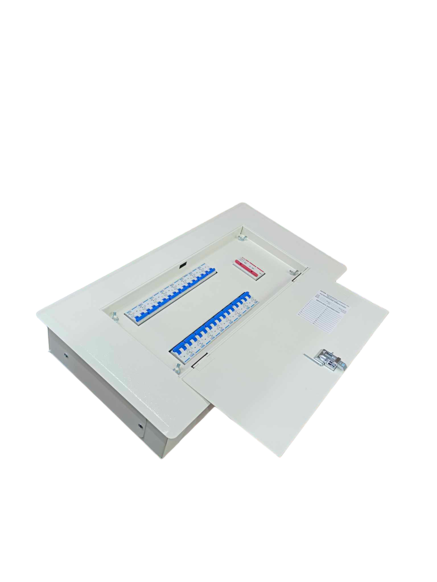 White metal distribution board with open door and two rows of breakers Himel Koten Royu 15 Branches Panel Board for Miniature 2P