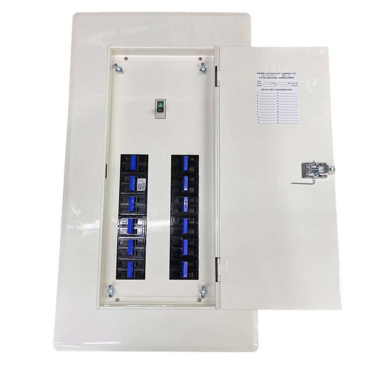 Koten 12 Branches Panel Board metal enclosure with 12 circuit breakers visible and hinged lockable door