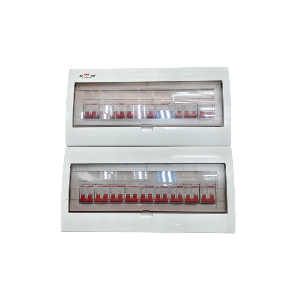 White Himel and ZY distribution panel with clear covers showing red switches miniature circuit breaker 36 ways