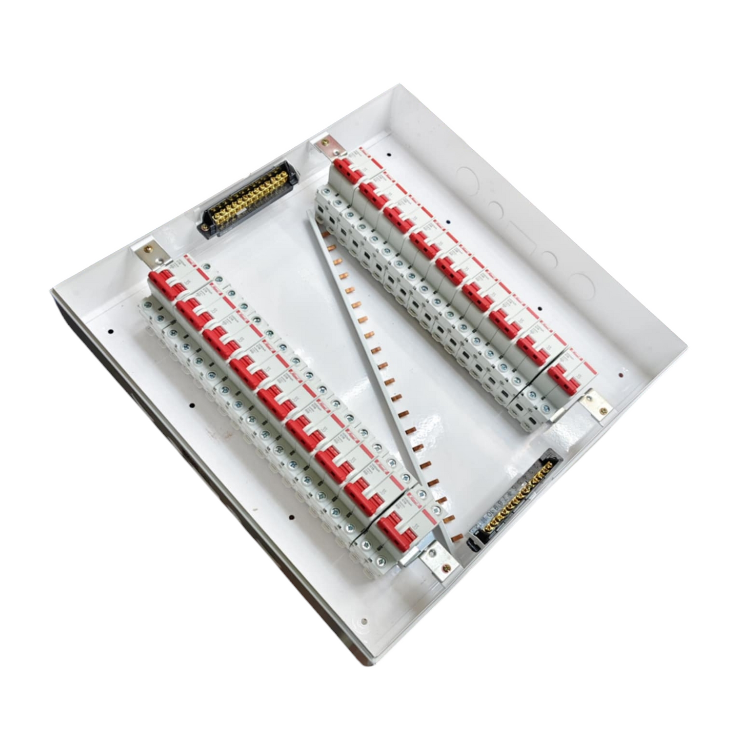 Himel and ZY electrical panel with two rows of red toggle breakers showing miniature circuit breaker 36 ways in metal enclosure