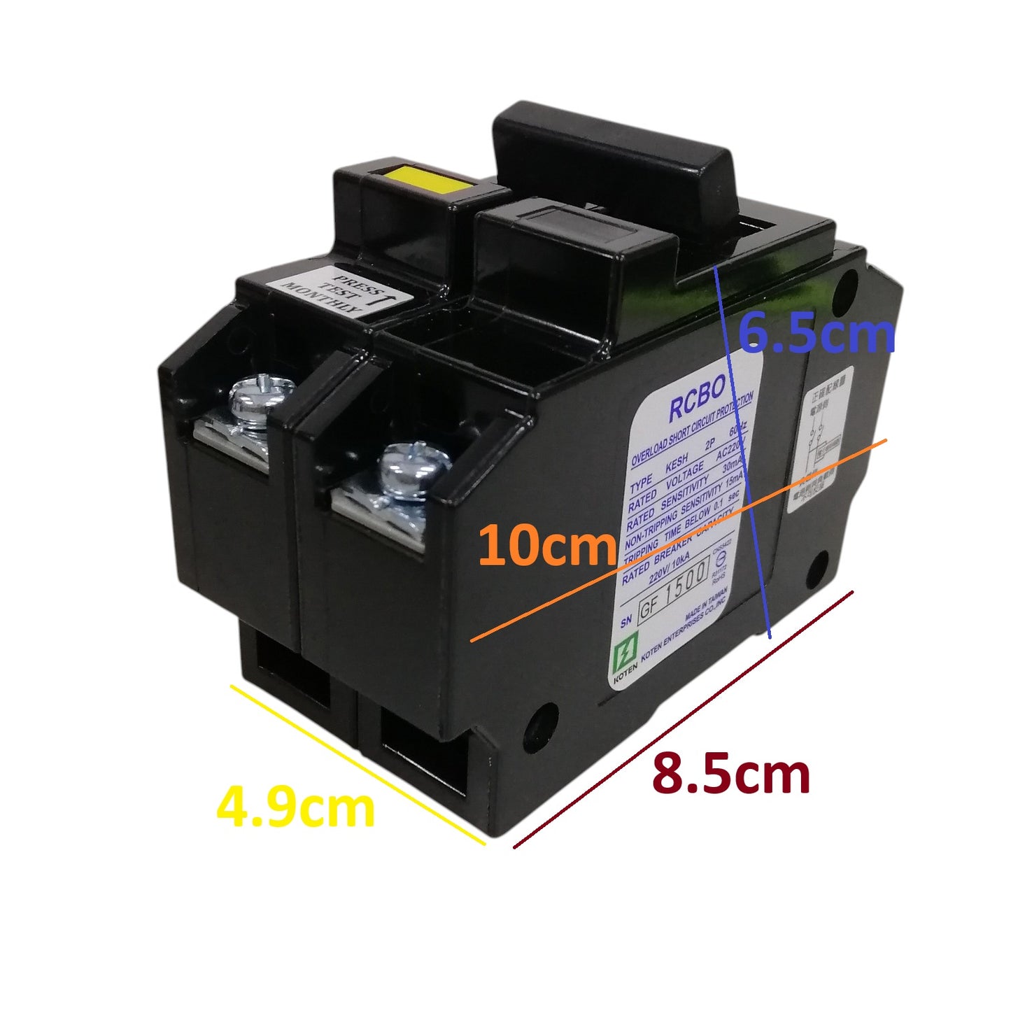 Koten Bolt-on type RCBO 220V 380V two pole circuit breaker black plastic housing with bolt terminals and mounting holes