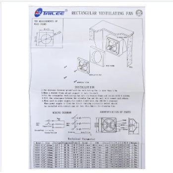 Tailee Rectangular Ventilating Fan Installation Guide from Electx Electrical Supply with Technical Parameters