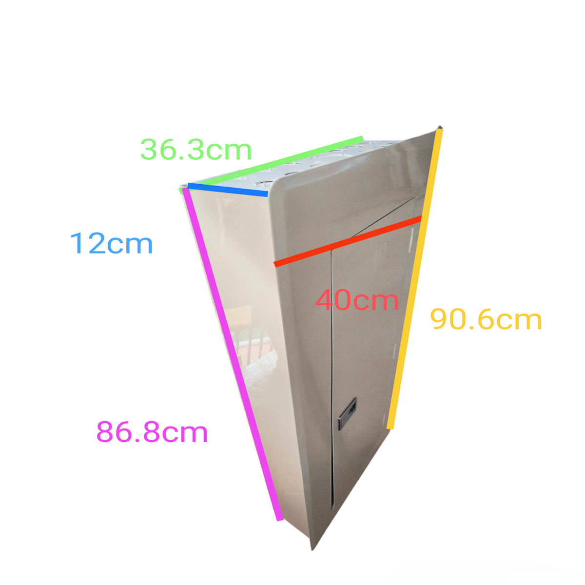 Koten 250A 2P Panel Board 16 Branches Bolt-on metal electrical enclosure with hinged door and dimension markings