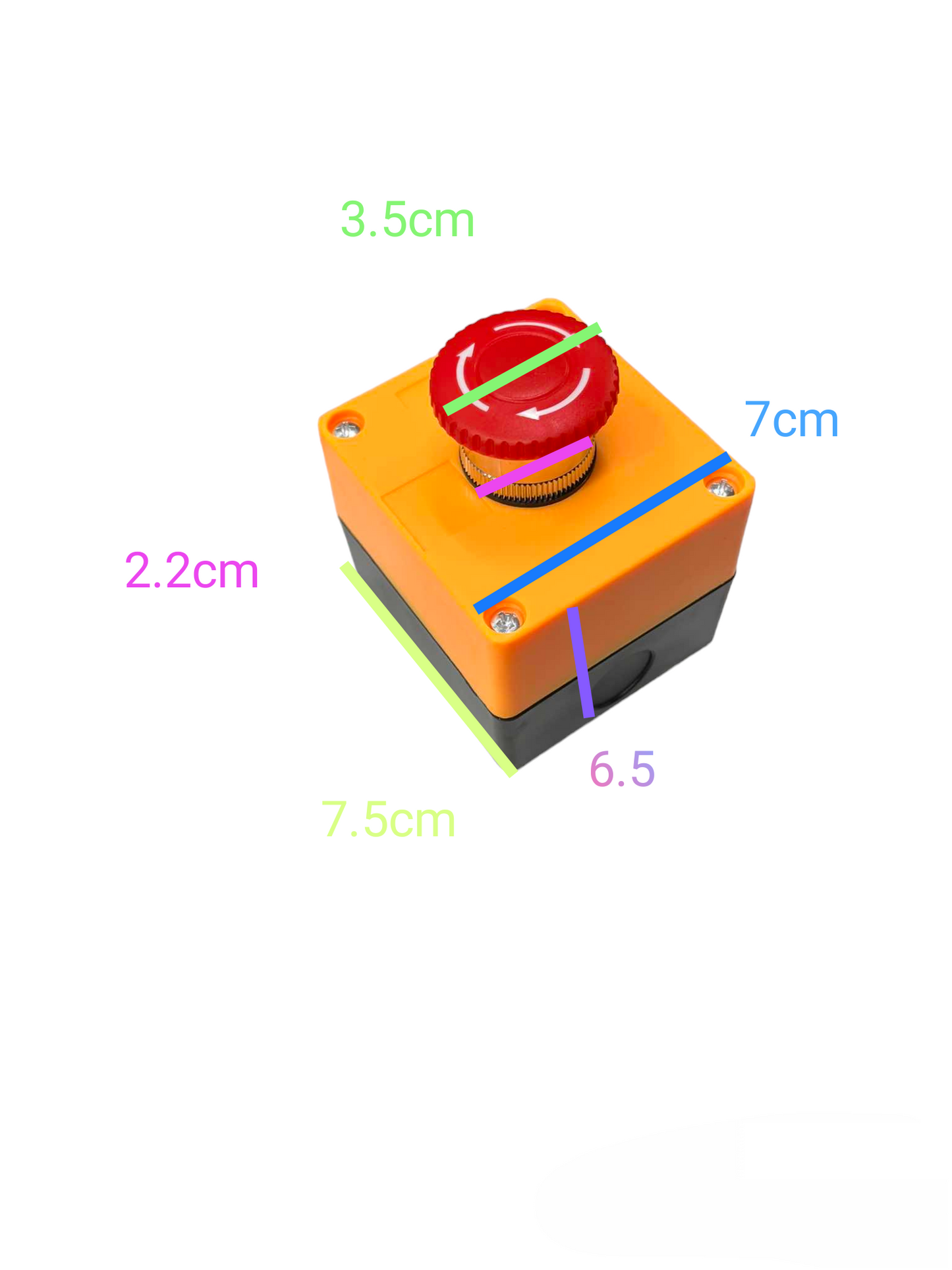 Auspicious emergency stop push button 25mm in orange and black housing with red button and size measurements