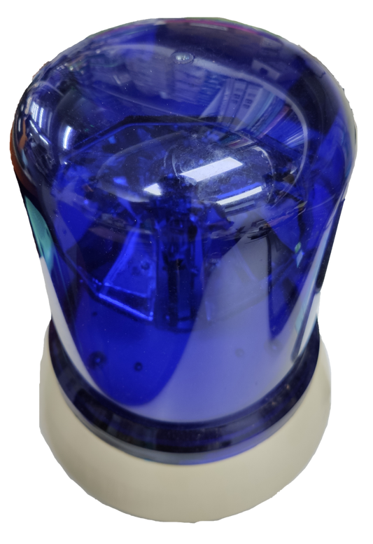 Emergency strobe light 220V industrial 55W featuring a bright blue plastic dome and a sturdy base.