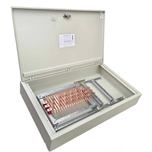 Schneider EZC250H 3 pole main breaker panel 200A 25KAIC open showing copper bus bars inside