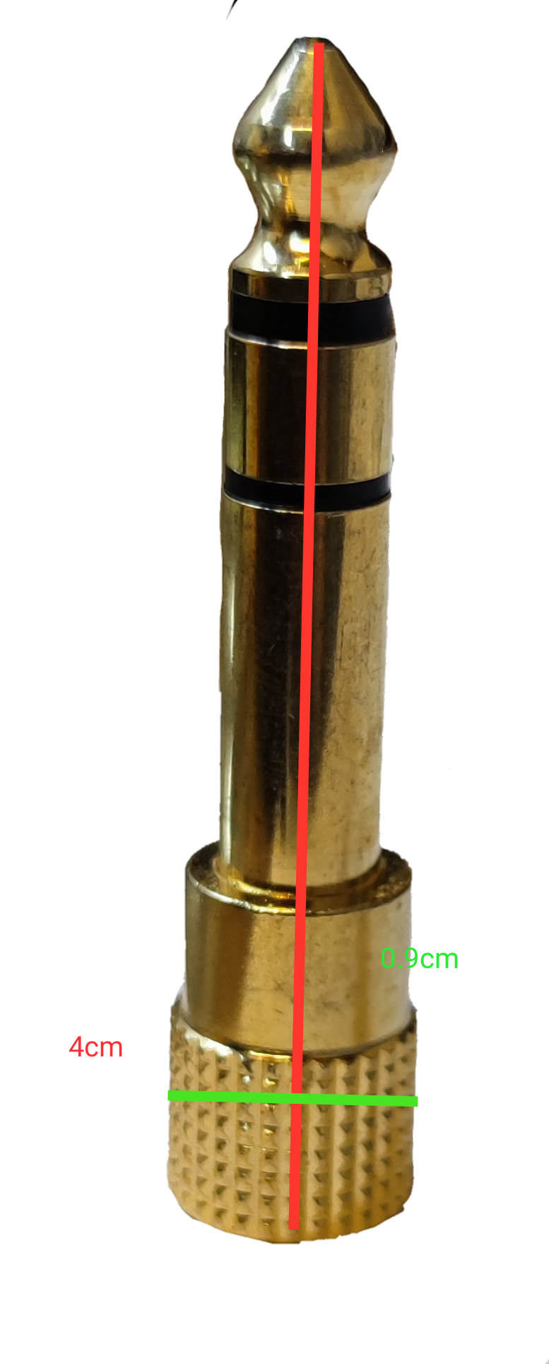 Gold-plated female stereo connector for PL55, showcasing four cm length and detailed design.