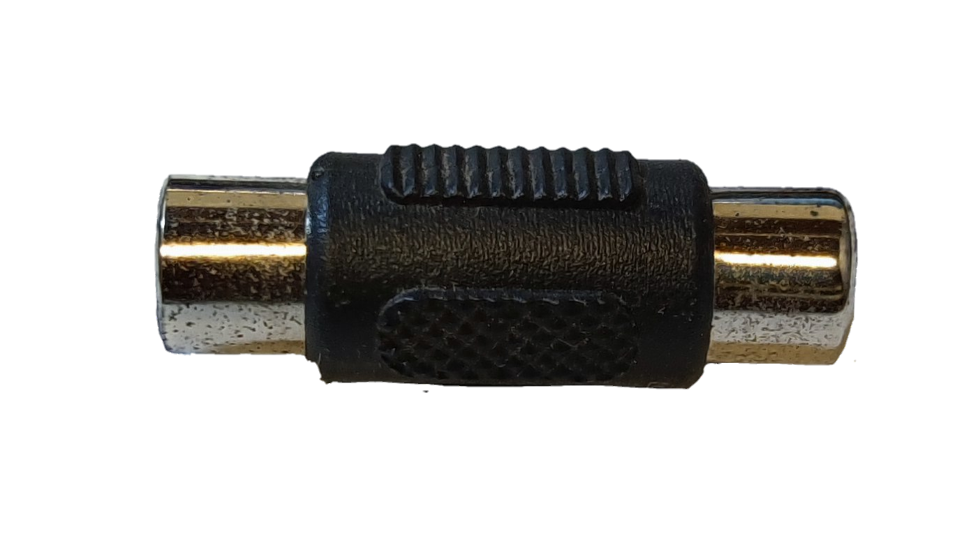 Female to female RCA connector with durable metal ends and textured black grip for secure connection