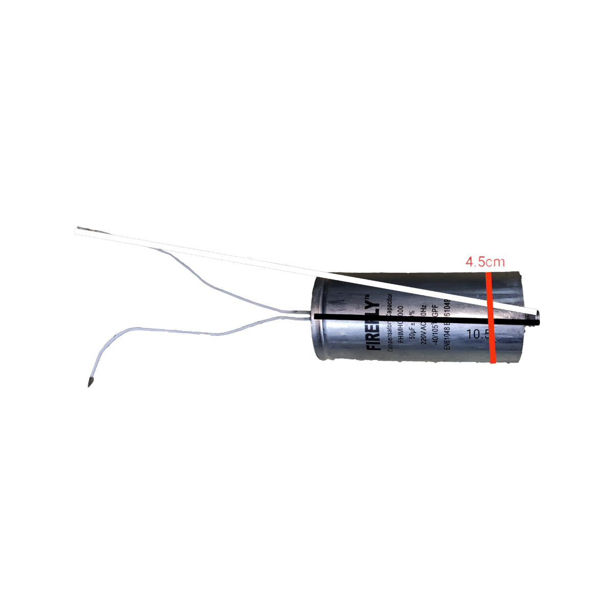 Firefly 16uf 220V AC capacitor with connectors and labeled dimensions for electrical applications