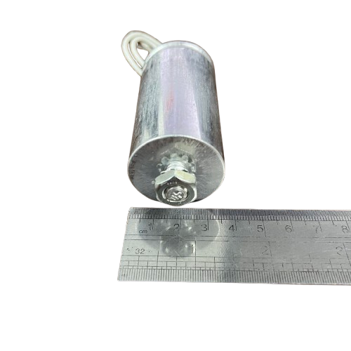 Firefly 70W metal halide capacitor 12uf with aluminum casing and measurement ruler for sizing reference