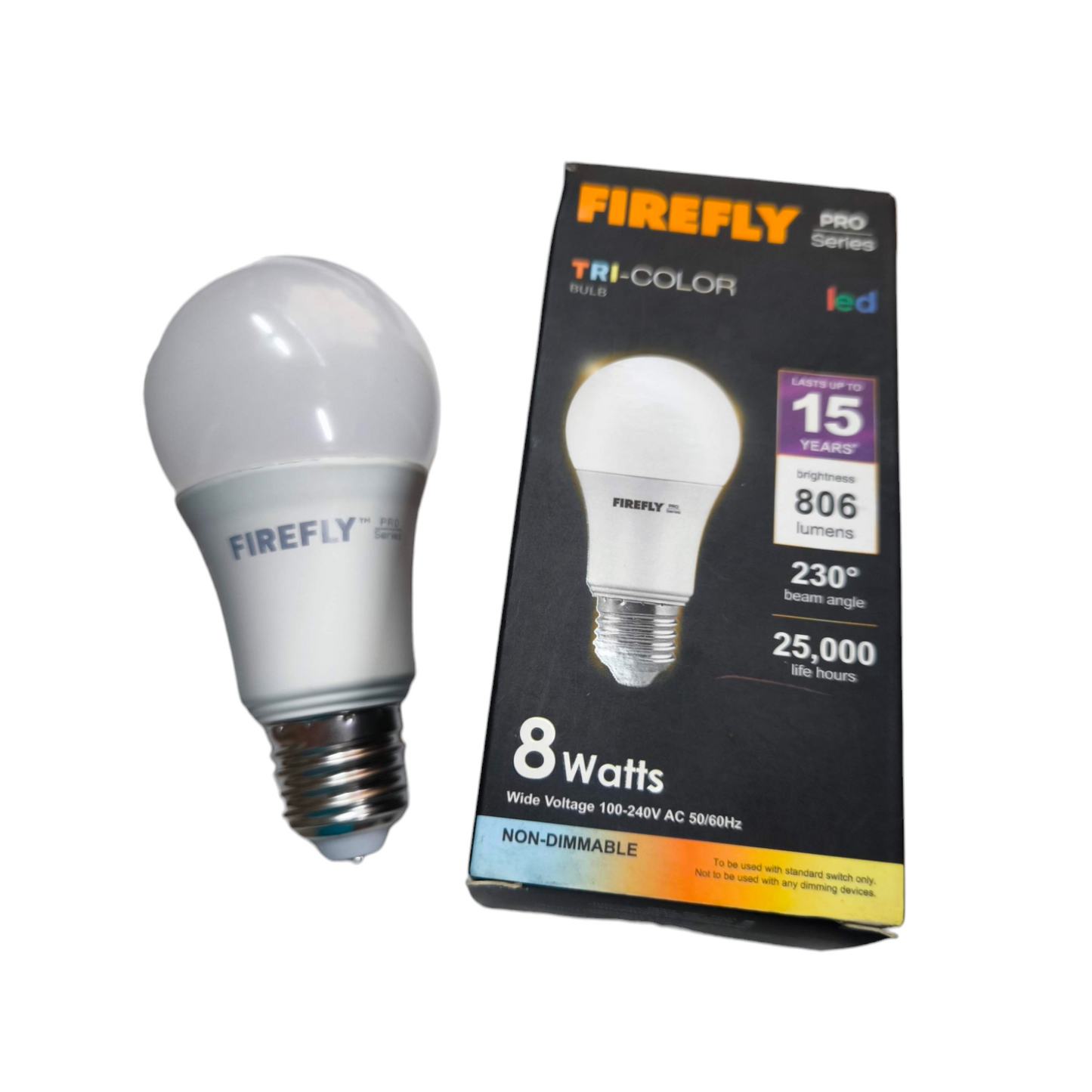 Firefly 8W tri color LED bulb with packaging showing 15 years lifespan and 806 lumens brightness