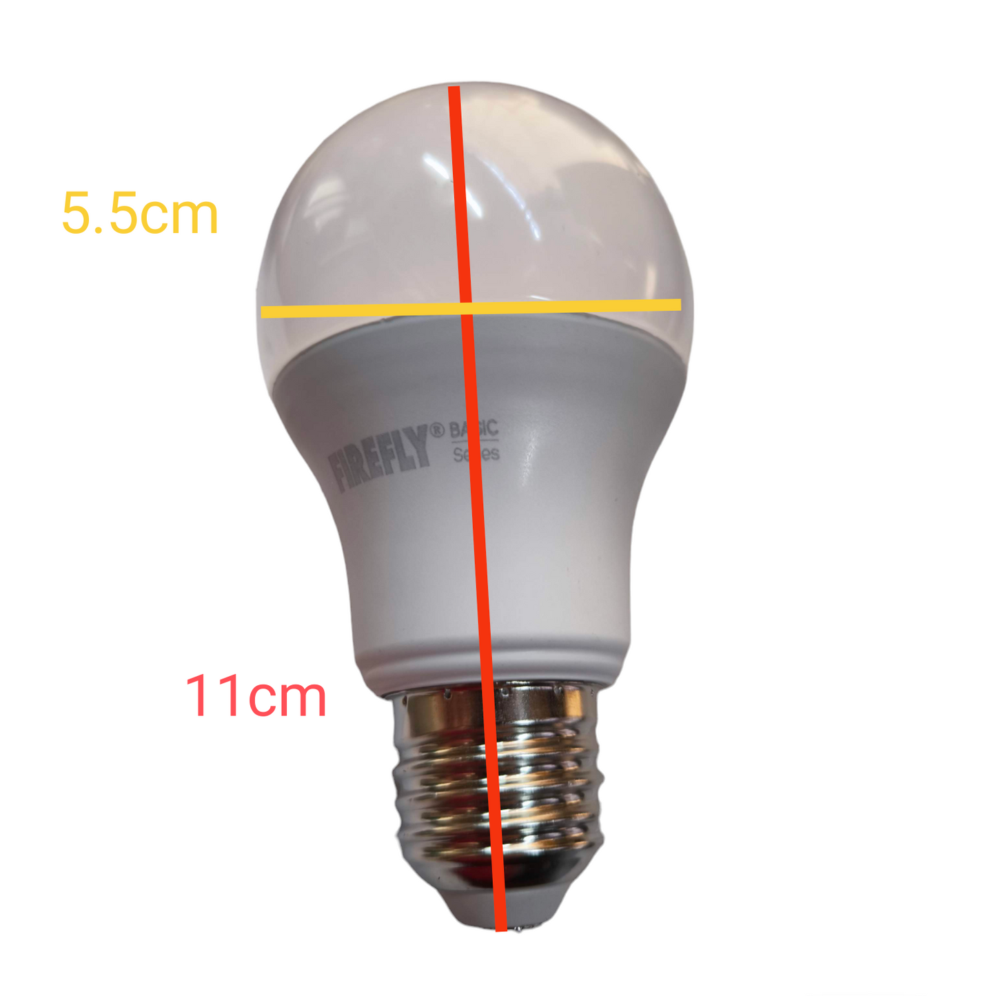 Firefly 8W tri color LED bulb with frosted top and standard screw base measuring 11 cm tall