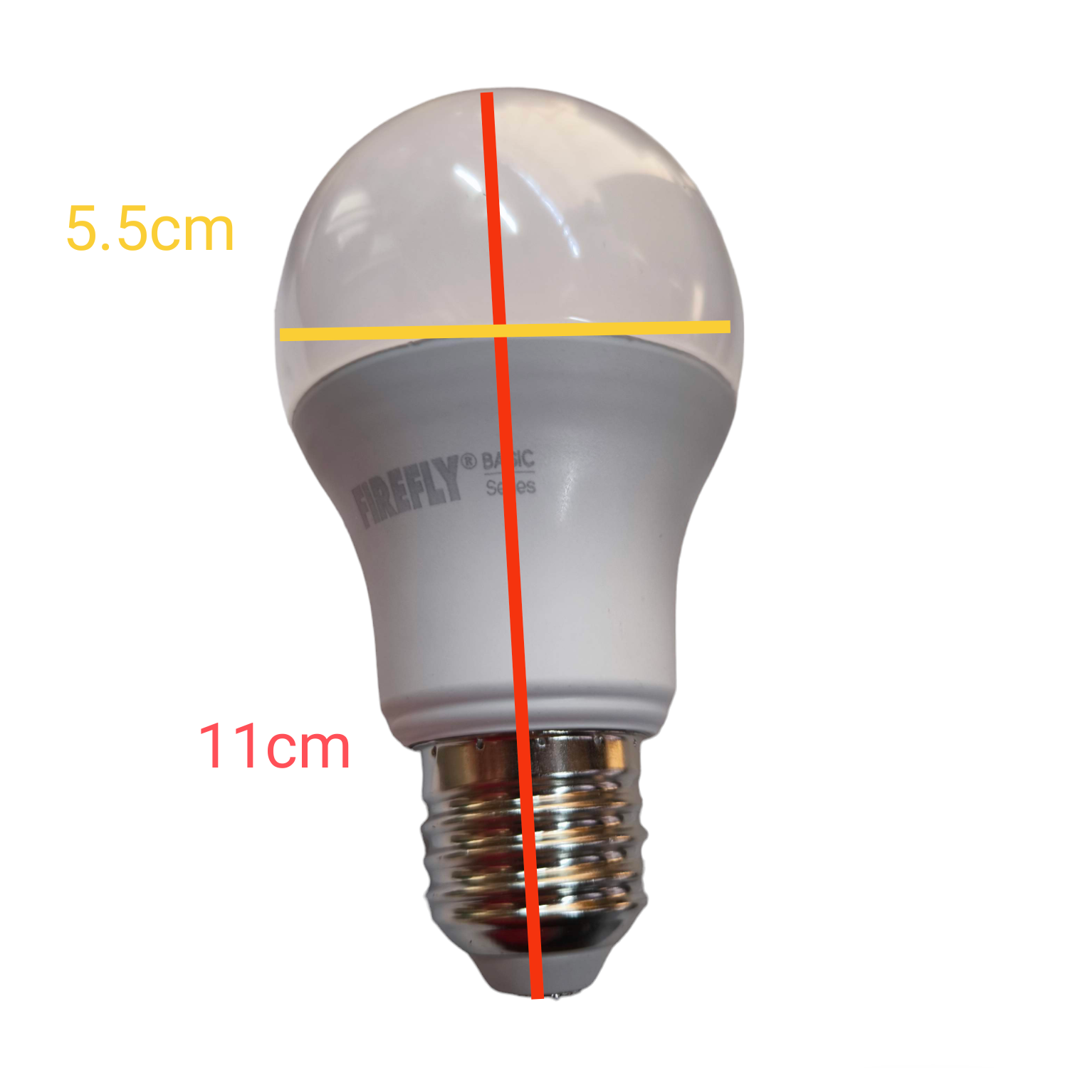 Firefly 8W tri color LED bulb with frosted top and standard screw base measuring 11 cm tall
