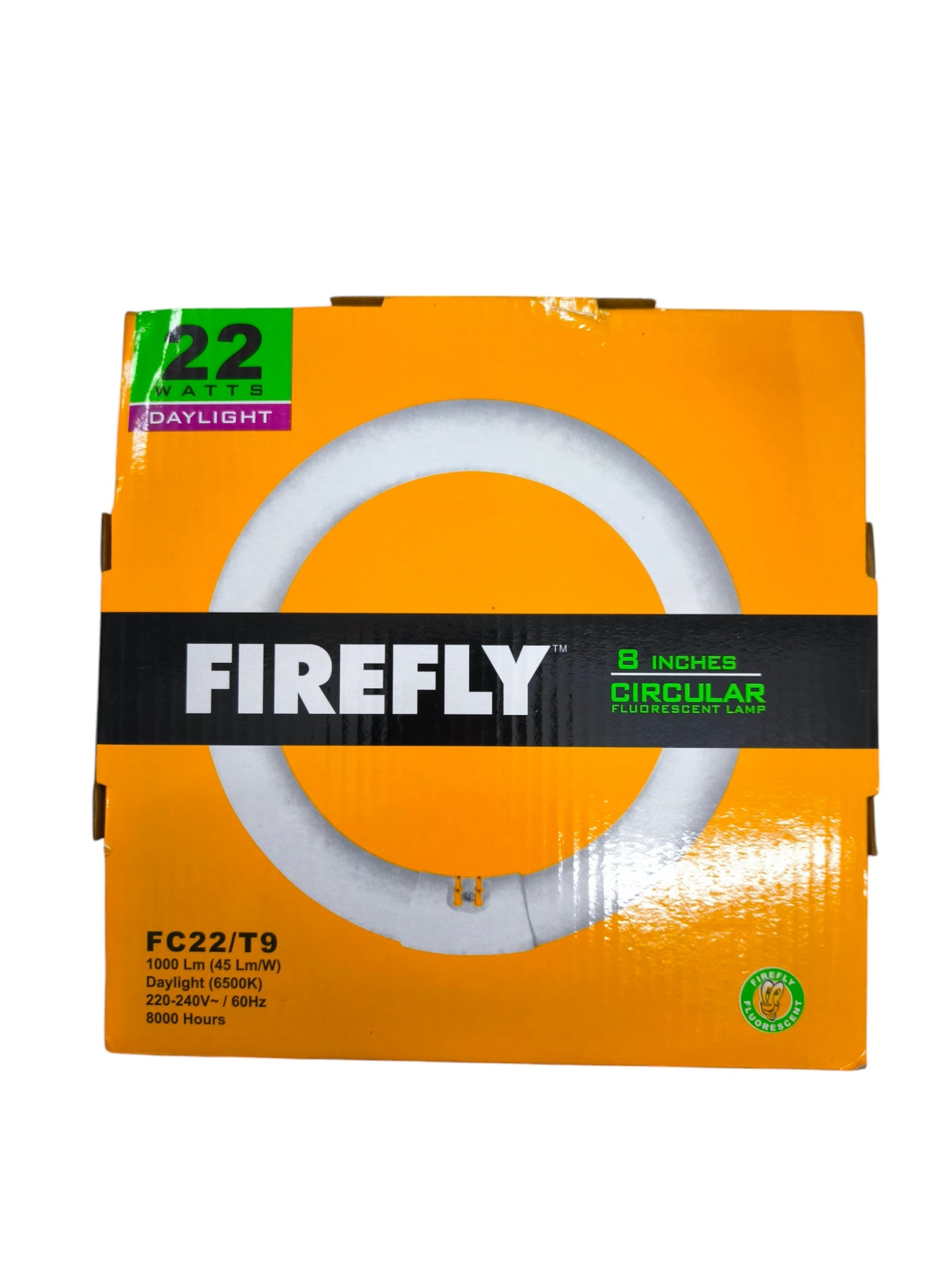 Firefly Compact Fluorescent Bulbs box showing Circular Lamp 22W 6500K Daylight ring bulb on orange packaging