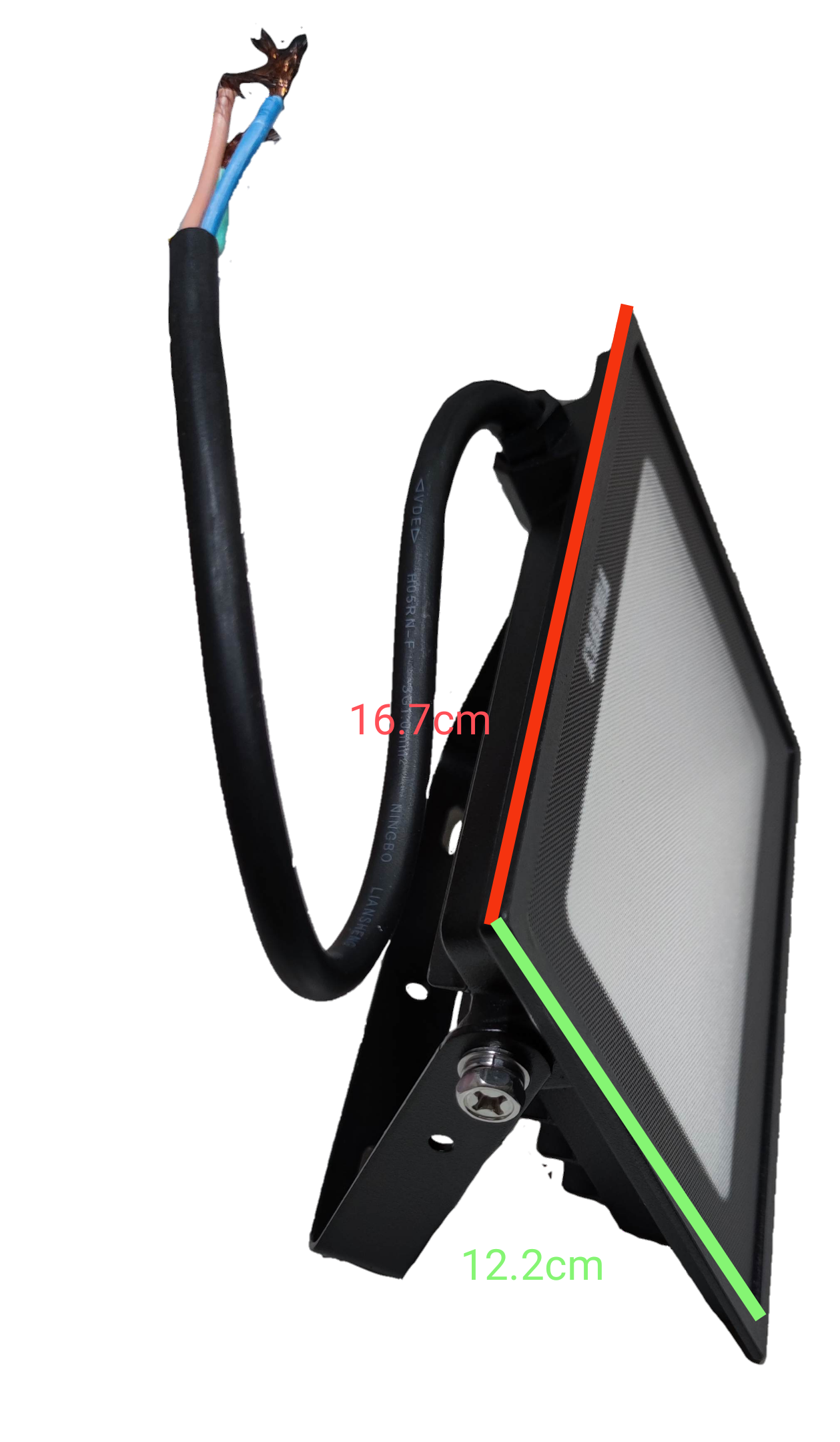 Firefly 30W LED floodlight angled side view with black housing exposed power cable and mounting bracket