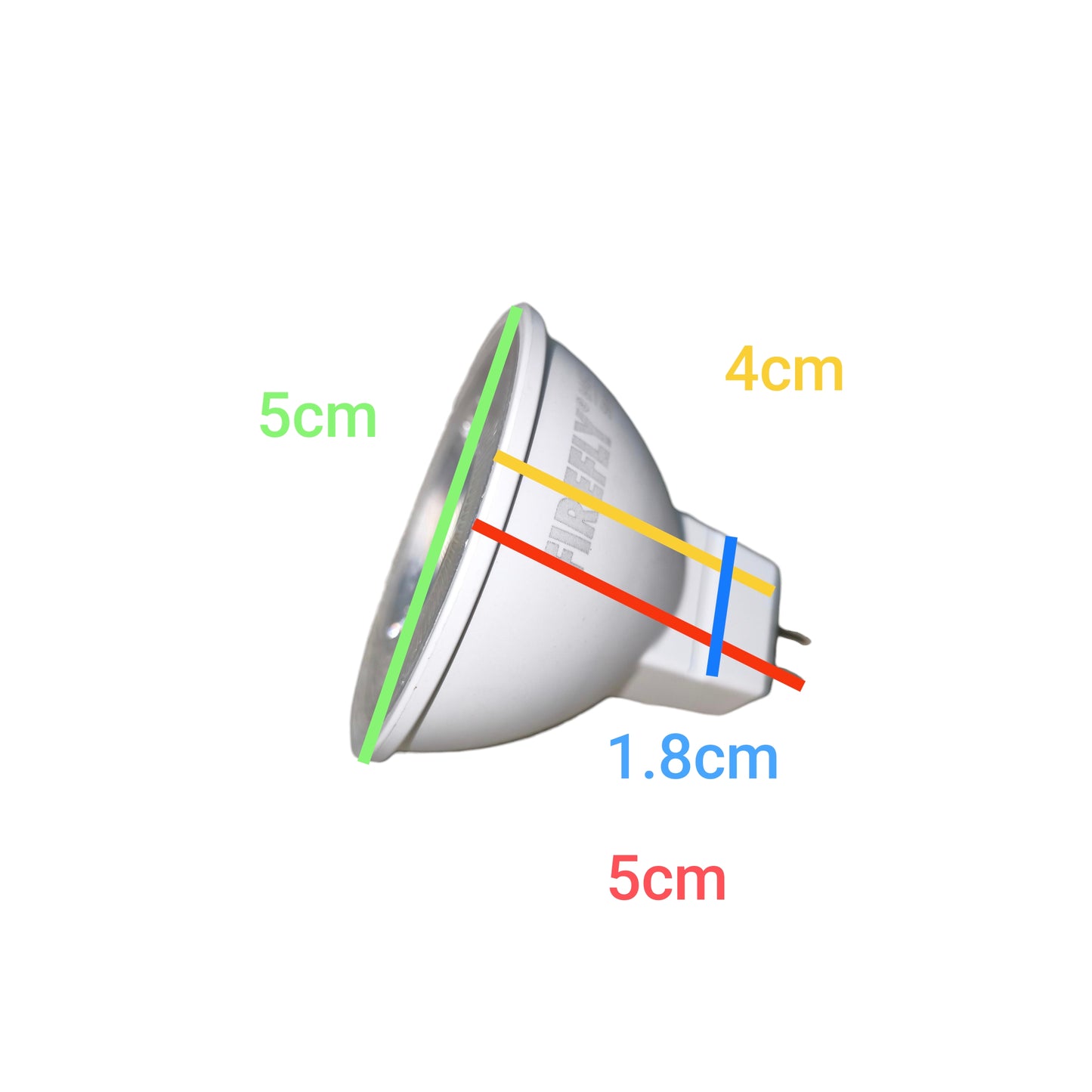 Firefly MR16 LED 5W Daylight 220V AC spotlight bulb with annotated measurements showing 5cm diameter and 1.8cm pin length