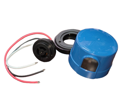 Firefly Photo Sensor Switch 10A 250V blue dome housing with black sensor module mounting ring and red white black wires