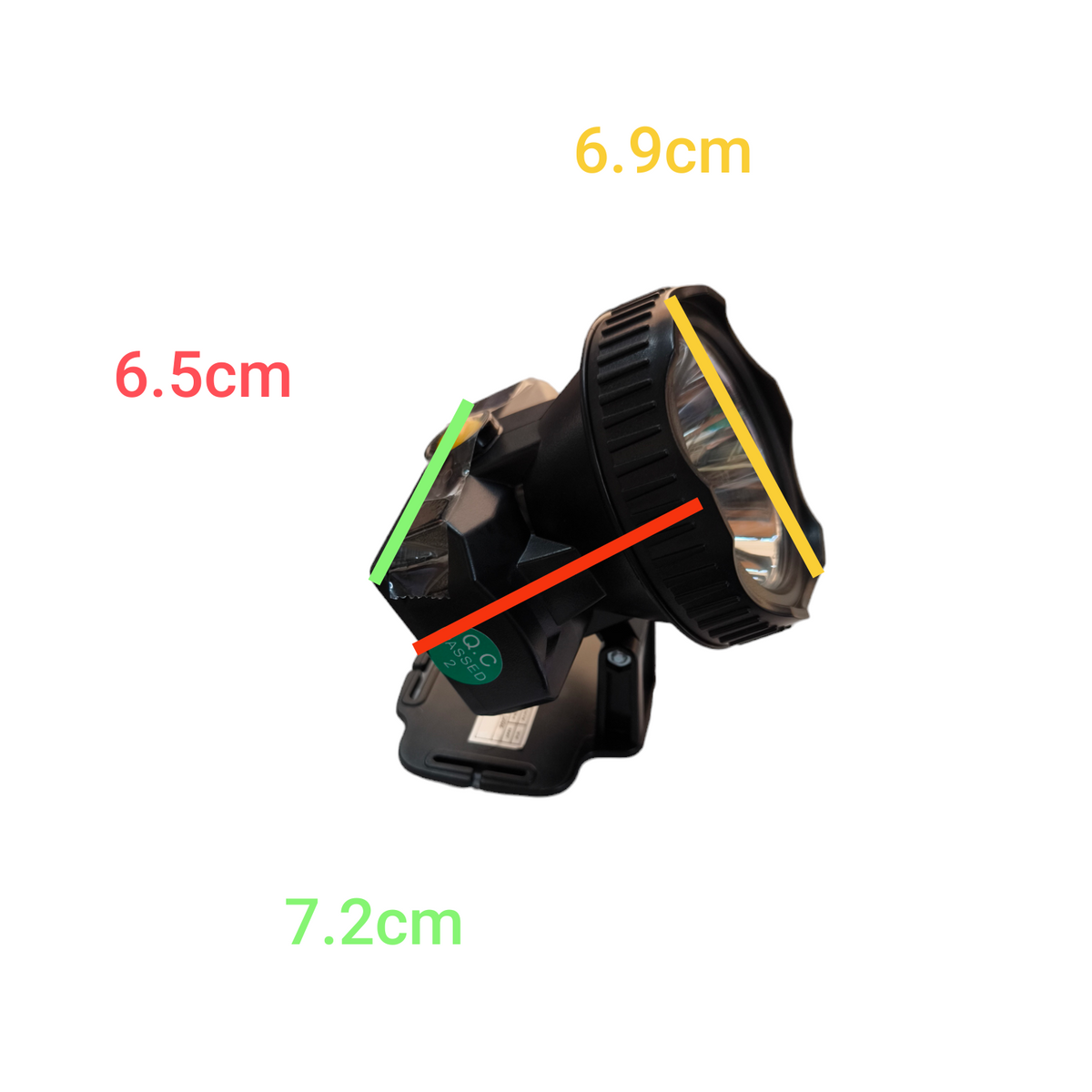 Firefly rechargeable head lamp with charger showing compact design and dimensions for work and safety use