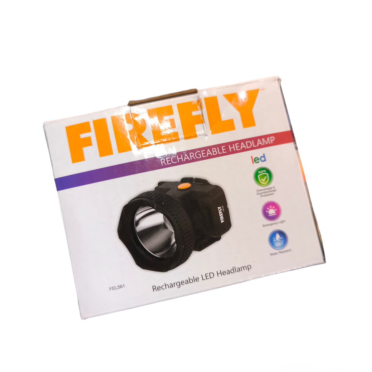 Firefly rechargeable head lamp with charger box packaging showing black LED headlamp