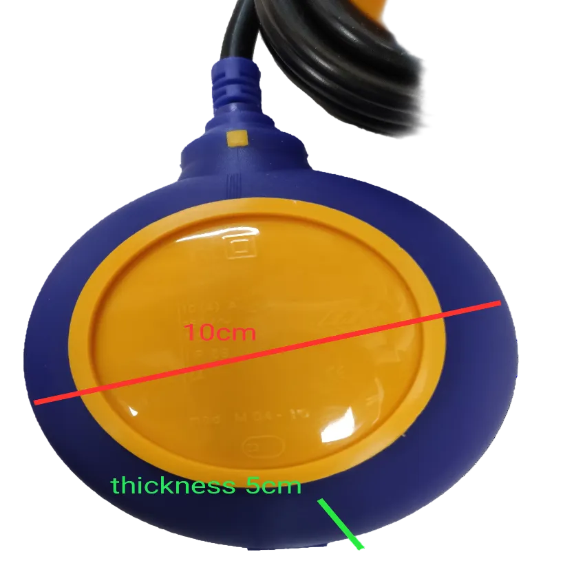 Grippes Float Switch - 5 Meters Liquid Controller in blue and yellow with cable coiled on black background