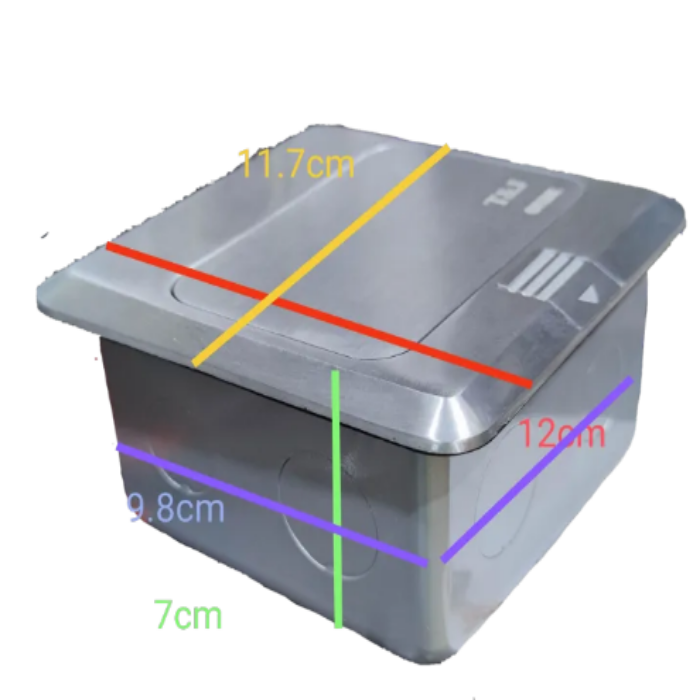 T&J Floor Outlet Universal with Ground and HDMI metal floor box with dimensions shown
