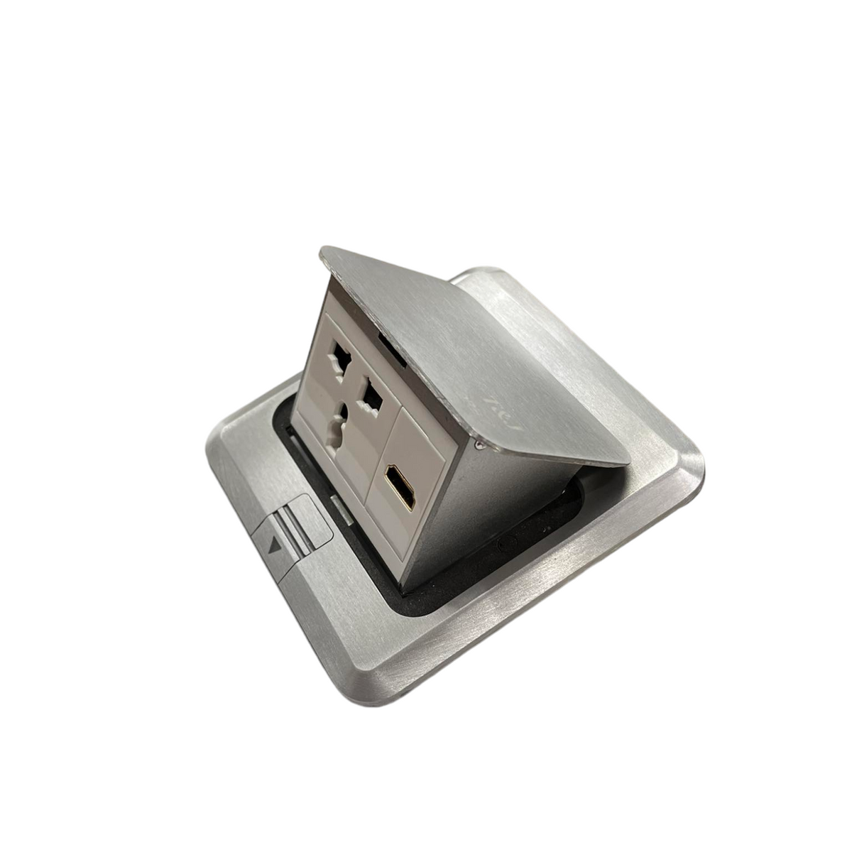 T&J Floor Outlet Universal with Ground and HDMI in silver metal finish with flip cover