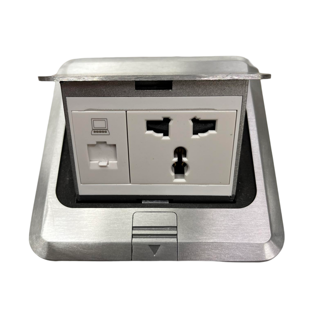 T&J Floor Universal Outlet with LAN Outlet in stainless steel frame for convenient power and network access