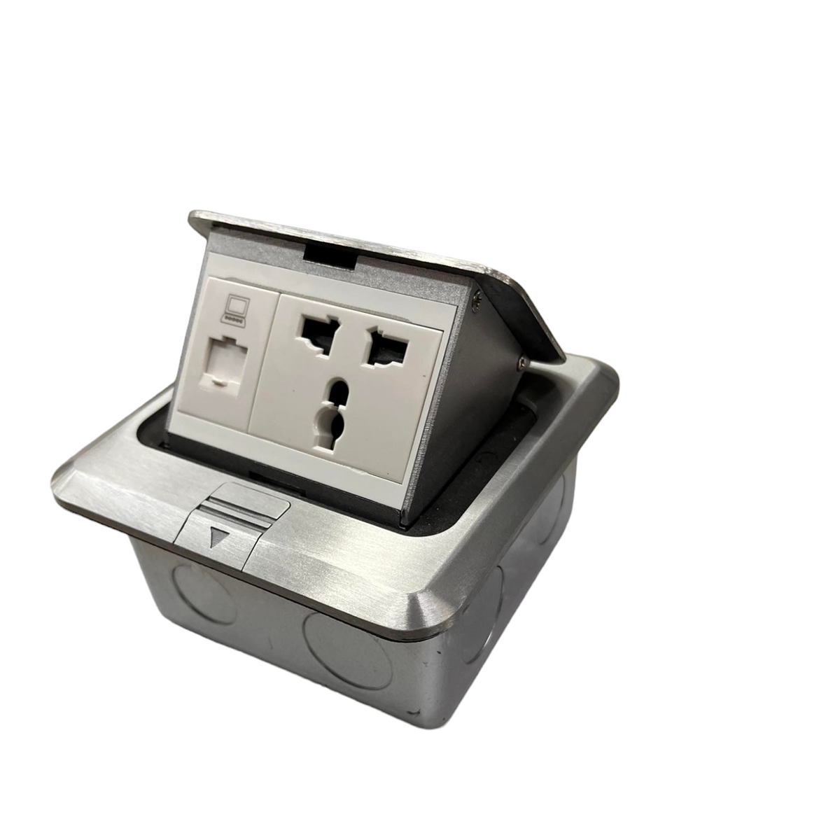T&J Floor Universal Outlet with LAN Outlet in silver metal casing for easy floor installation
