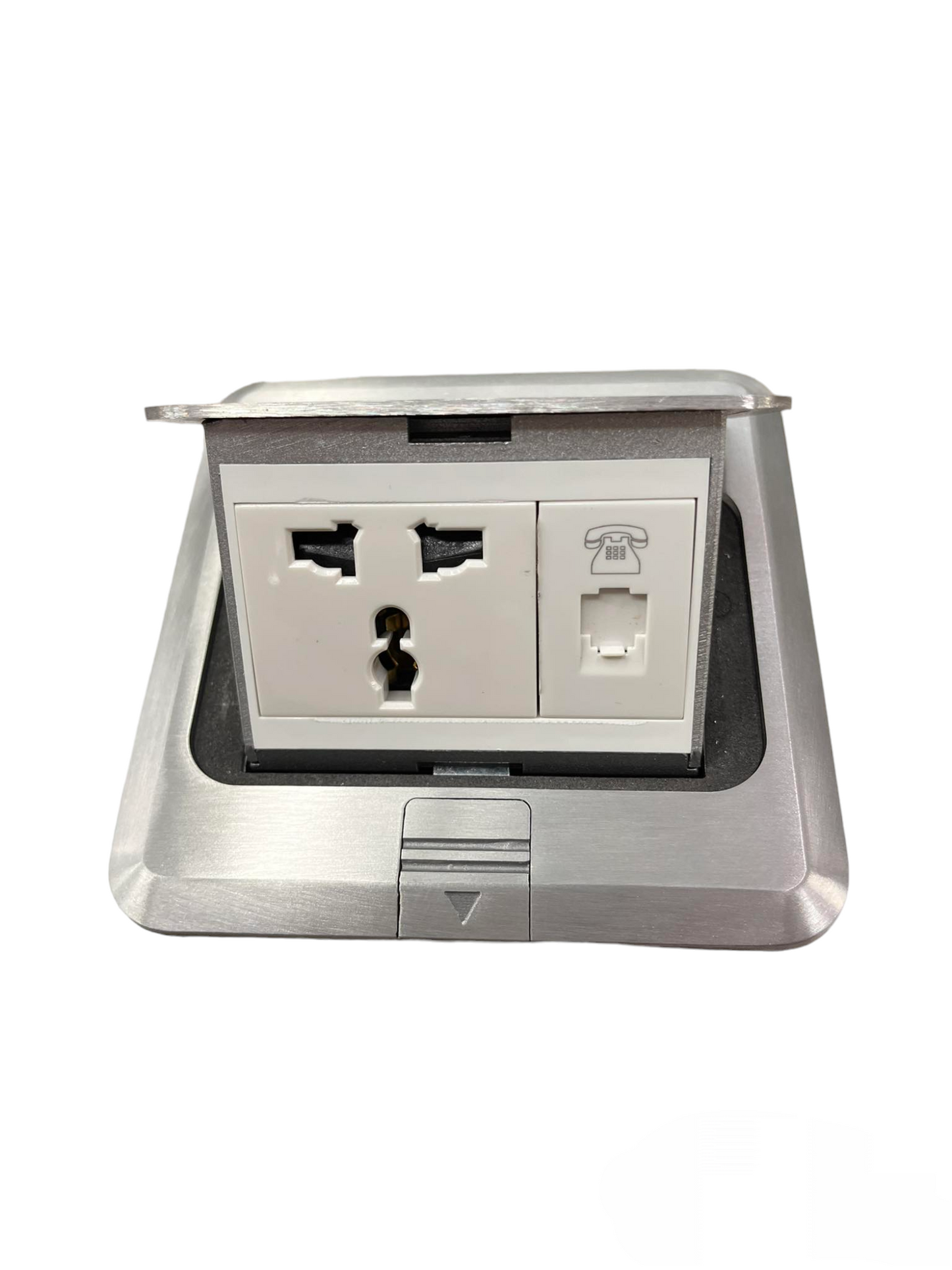T&J Floor Universal Outlet with Telephone featuring universal power socket and telephone jack in stainless steel casing