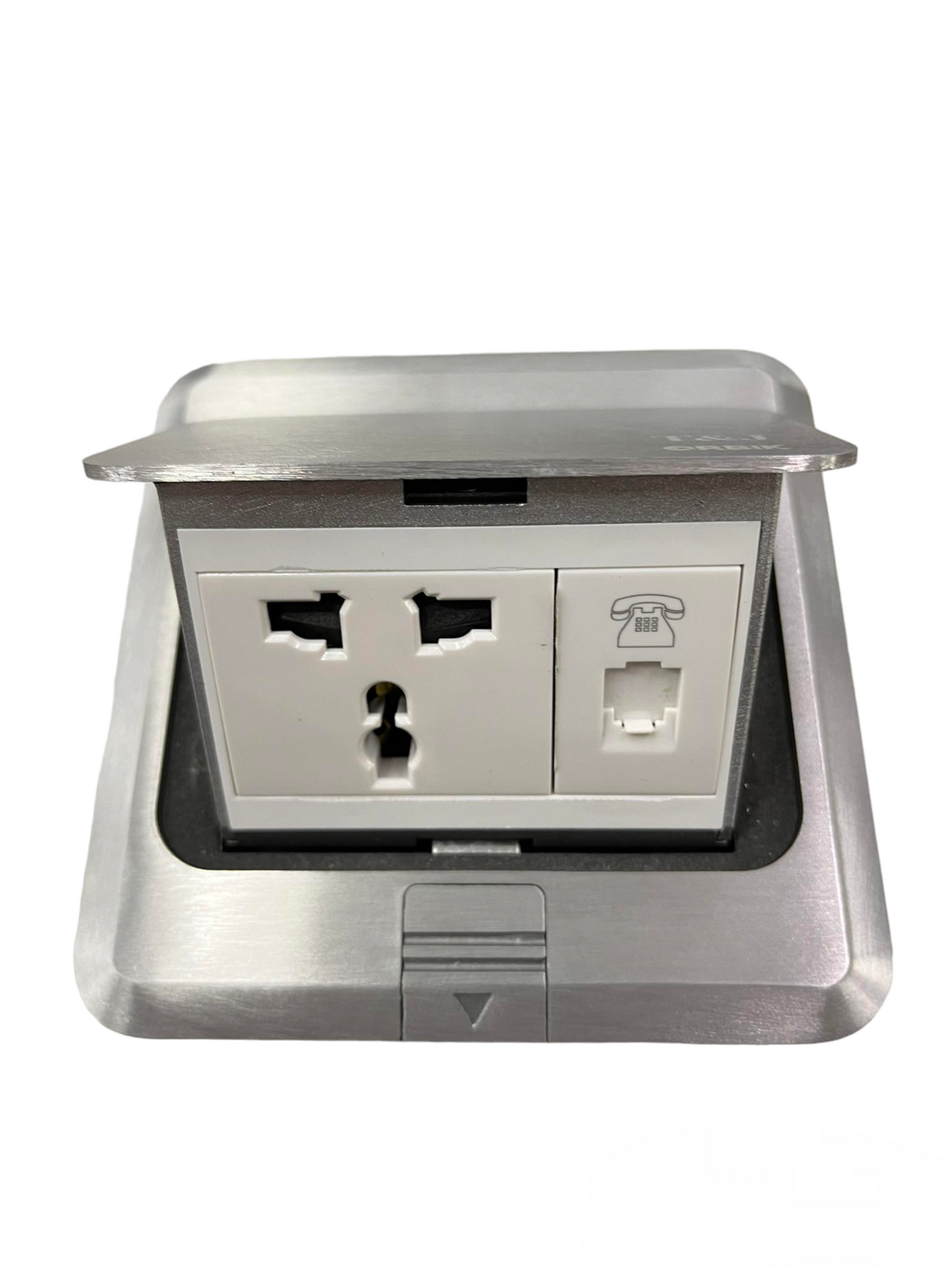 T&J Floor Universal Outlet with Telephone socket in stainless steel housing for power and phone connections