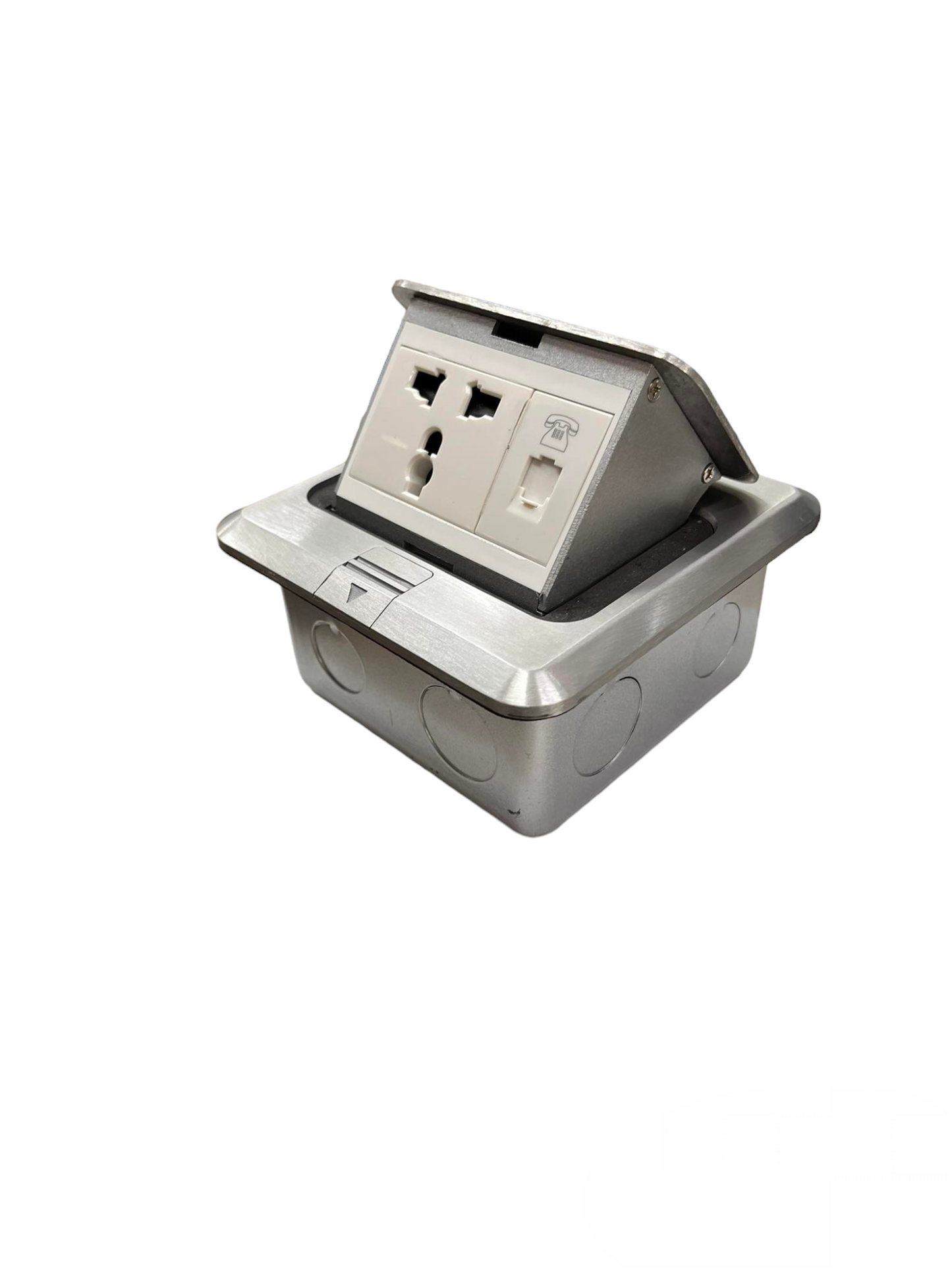 T&J Floor Universal Outlet with Telephone featuring a retractable metal cover and multiple socket types