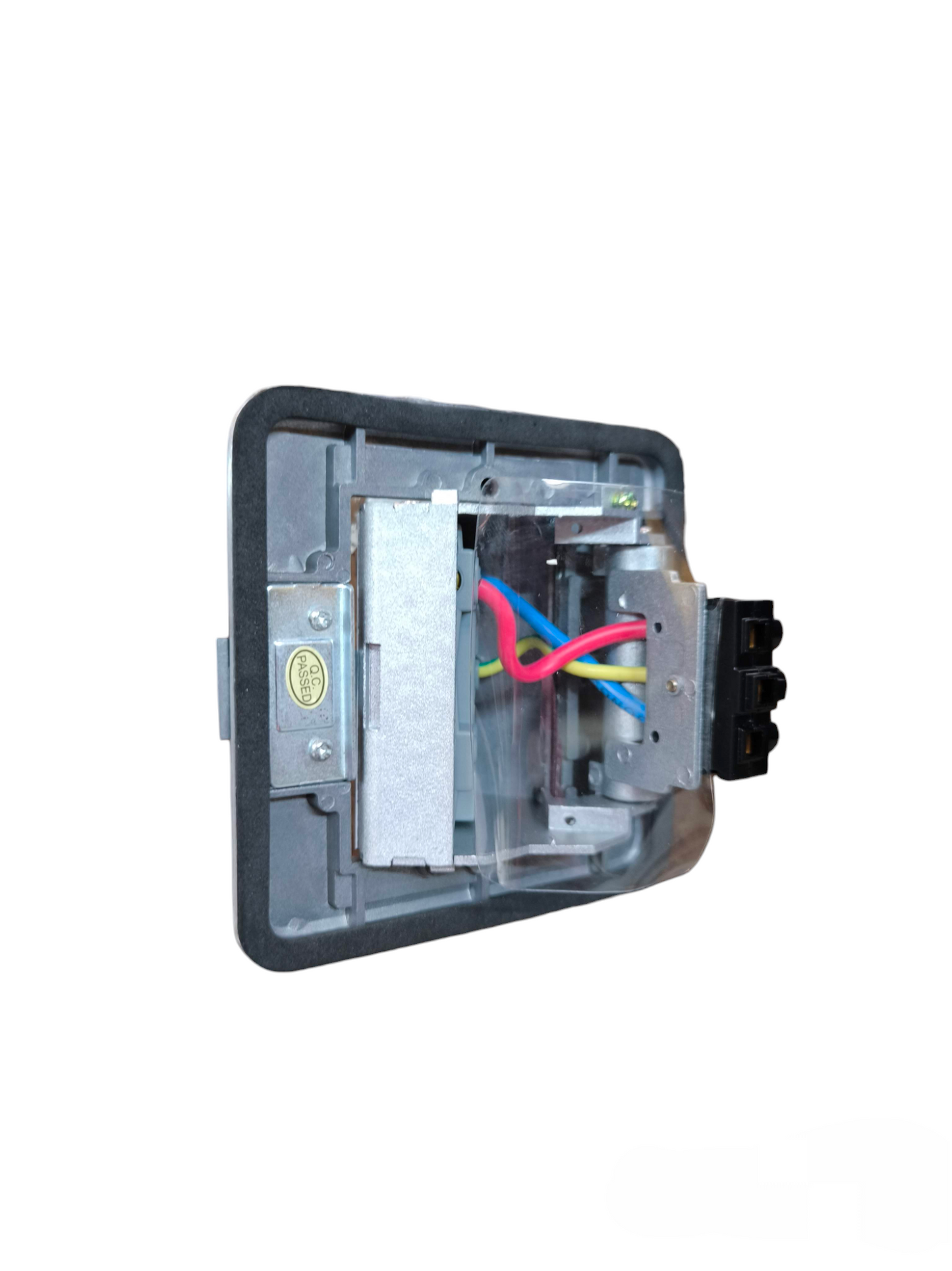 T and J exposed rear of metal 15A 250V floor outlet Duplex with Ground showing wiring and mounting box